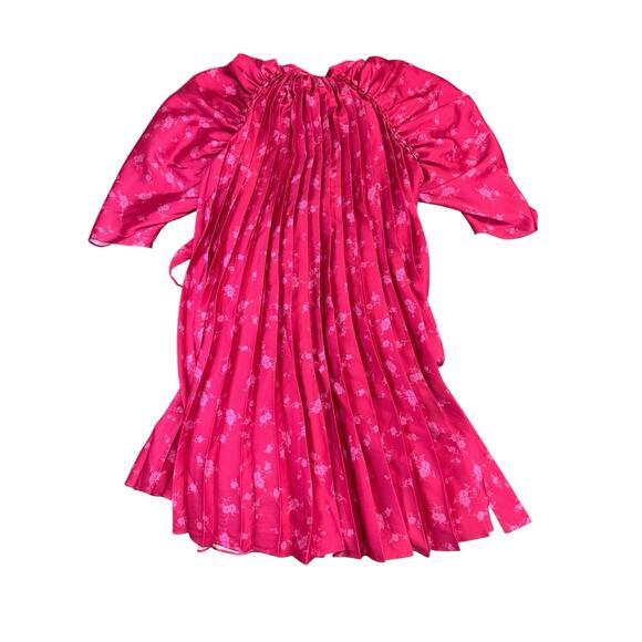 Acler Pink Pleated Mini Dress Ruched Sleeves Belted Satin Floral US 2 - Picture 7 of 10